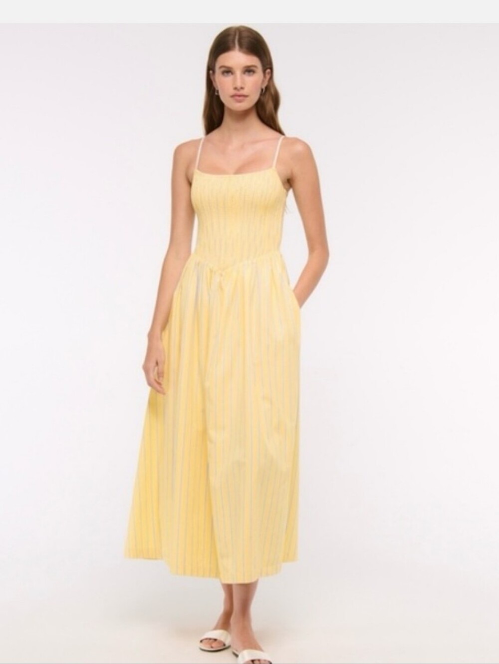 Abercrombie and Fitch Sydney Smocked Dipped-Waist Midi Dress Yellow Stripe